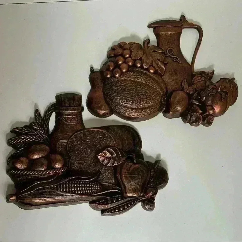 Set of 2 vintage Coppercraft Guild Dart Ind syroco harvest wall hangings
